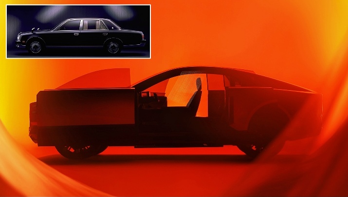 Side profile of the new Toyota century 2025 with an inset of the classic black century, highlighting the sleek silhouette and modern design evolution against vibrant orange backdrop 