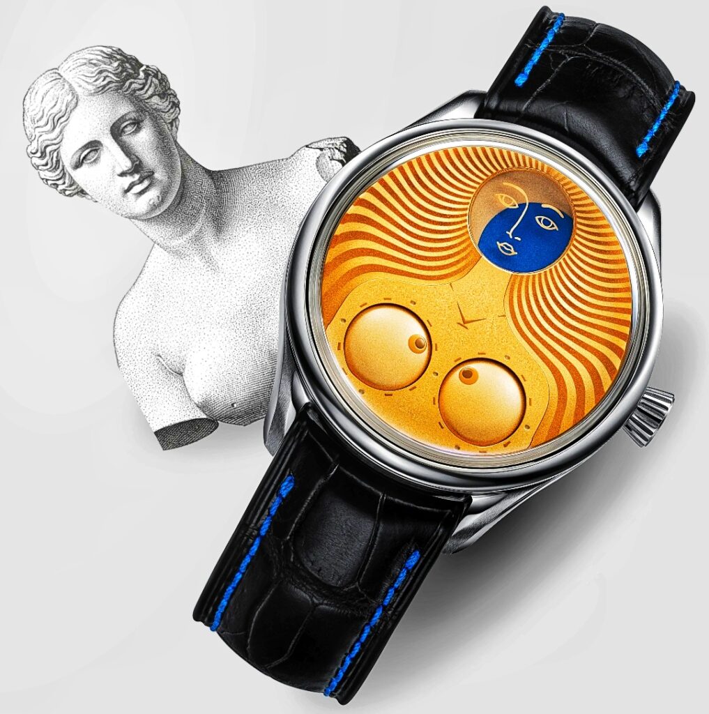 Close-up of Konstantin Chaykin Venus watch highlighting the artistic dial inspired by classical Venus sculpture, featuring flowing hair engravings and playful facial display.