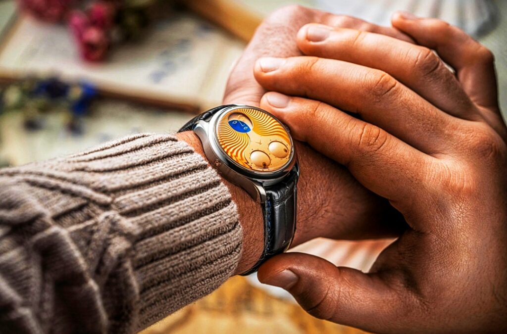 Konstantin Chaykin Venus watch worn on the wrist, showcasing the sculpture daily inspired by Venus with expensive facial elements and elegant leather strap.