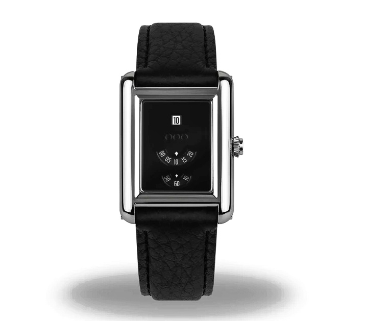 FORMA VENTI JUMPHOUR rectangular automatic watch black lacquered dial, jump-hour window, polished stainless-steel case, and black Italian leather strap.